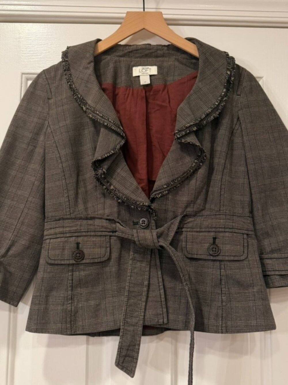 Ann Taylor LOFT Petites Plaid Ruffle Jacket Blazer Size 6P Brown Belted Career